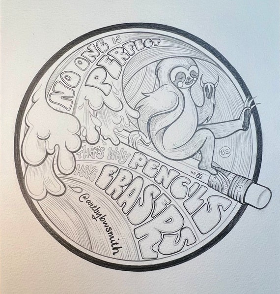 Surf Sloth (approx 9" x 12" pencil on paper)