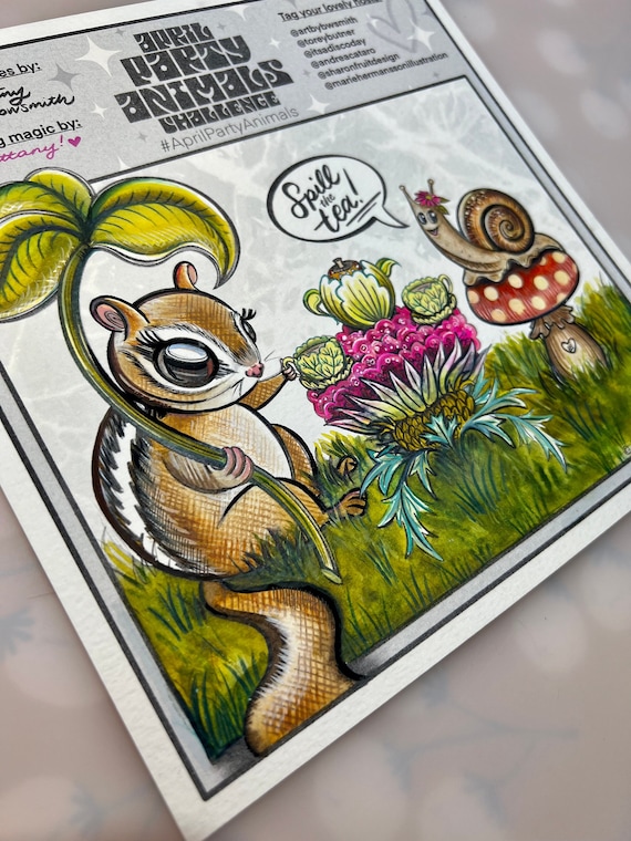 Spill the Tea April Animals Challenge (original watercolor painting 7.25" plus border)