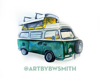 Trusty Rusty Hippie Bus  (original watercolor painting on paper of VW bus)