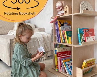 360 Rotierendes Bücherregal, Rotierendes Bücherregal, Handgefertigter Buchveranstalter aus Holz