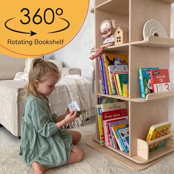 360 Rotating Bookcase, Rotating Bookshelf, Handmade Wooden Book Organizer