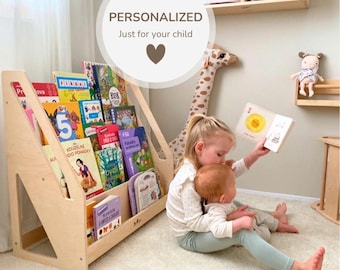 Estantería Montessori: Biblioteca infantil de madera contrachapada natural, estantería de juguetes.