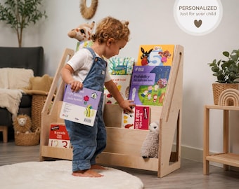 Estante Montessori personalizada: Biblioteca infantil em madeira compensada natural, estante para brinquedos.