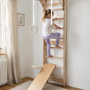 Wooden Swedish Wall for Kids, Indoor Climbing Bars, Optional Adjustable Pull-Up Bar