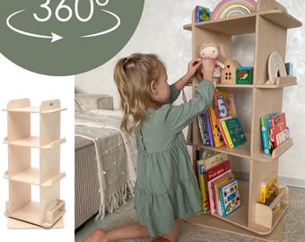 360 Rotierendes Bücherregal, Rotierendes Bücherregal, Handgefertigter Buchveranstalter aus Holz