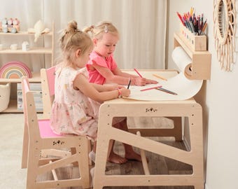 Verstellbarer Kinderstuhl oder Tisch aus Birkensperrholz oder beides. Montessori-Tischset