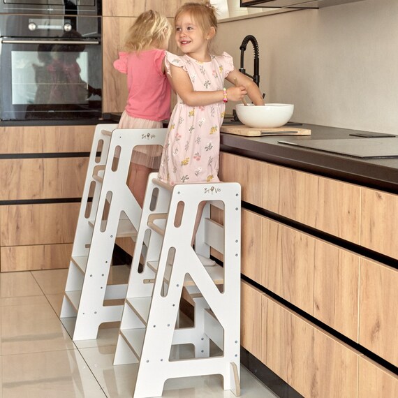 2-in-1 Montessori leertoren voor kinderen, inklapbaar, in hoogte verstelbaar, stoel tafel van hout, multifunctionele opstapkruk, kruk voor jongens en meisjes, helpertoren, leerstoel, keukenhulp, wit