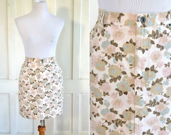 80s Vintage Floral Denim Mini Skirt - 90s Jean Skirt - Floral Skirt - 29 1/2 inch waist