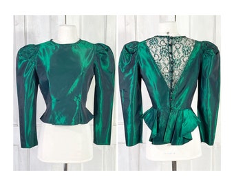 Vintage 70s Victorian Prairie Blouse - Leg of Mutton Puff Sleeves - Lace Sequins -Button Back - Peplum Back - Jewel Tone Green Taffeta