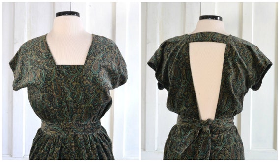 Vintage Open Back Velvet Dress - 80s Paisley Velv… - image 2