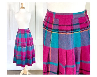 80s Vintage Wool Skirt Plaid High Waisted Pleated Midi Skirt - Academia Wool Blend Skirt - 29 inch waist