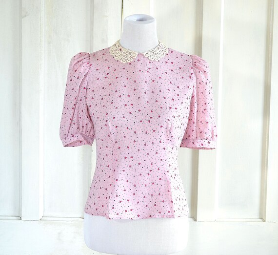 80s Vintage Blouse - Lace Collar - Tiny Floral Pri