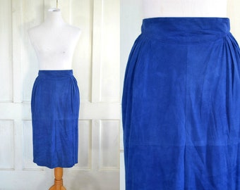 80s Vintage Suede Leather Skirt - Blue Soft Suede Skirt - High Waisted Pencil Skirt - New Wave Wiggle Skirt - 27 inch waist