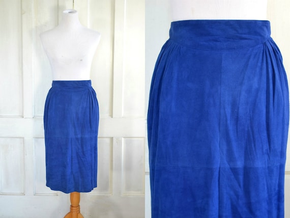 80s Vintage Suede Leather Skirt - Blue Soft Suede… - image 1