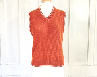 1970s Retro Vintage Acrylic Sweater Vest - 70s Pullover Sweater Vest - Rusty Orange with White Stripe - Unisex