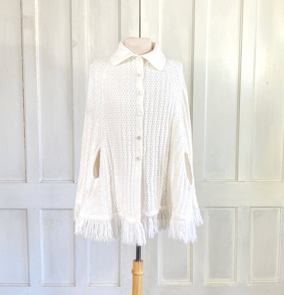 Vintage 70s Cardigan Sweater Cape - 60s White Poin