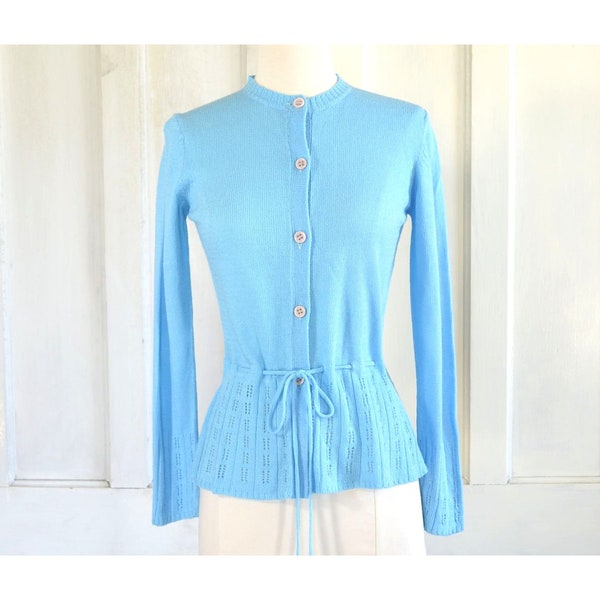 70s Vintage Cardigan Sweater - Pointelle Cardigan - Drawstring Belt - Light Weight Sweater - Small