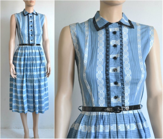 50s Dress - Sleeveless Cotton Shirt Dress - Full S