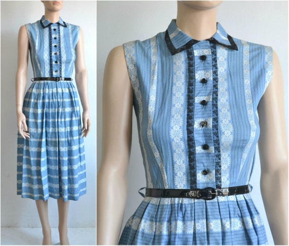 50s Vintage Dress - Sleeveless Cotton Shirt Dress… - image 1