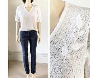 Vintage Knit Pointelle Tee - Embroidered Lacy White T-Shirt - Short Sleeve Knit top - Sheer Airy Knit Pullover