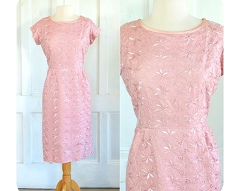 50s Vintage Embroidered Eyelet Party Dress - 60s Blakely Fashions Silky Dress - Wiggle Cocktail Dress