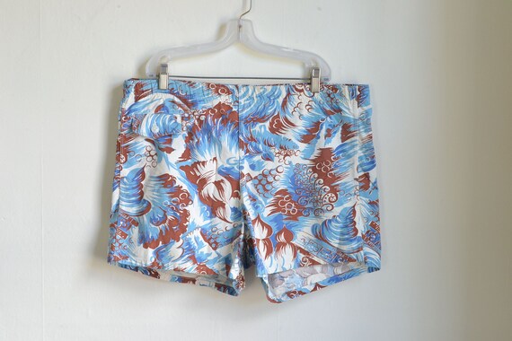 50s Swim Trunks Drawstring Waist Wave Print Surfer