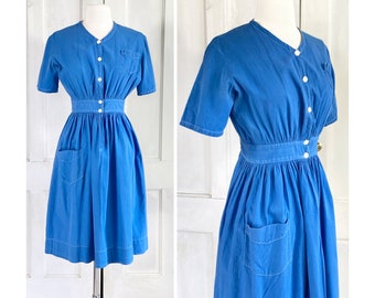40s Vintage Cotton Work Dress - 1940s Workwear House Dress - 30s Simple Blue Cotton Chore Dress