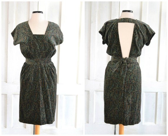 Vintage Open Back Velvet Dress - 80s Paisley Velv… - image 3