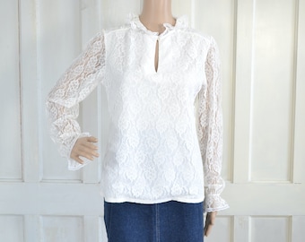 70s Vintage White Lace Blouse - Ruffled Collar and Cuffs - Jonquil Blouse