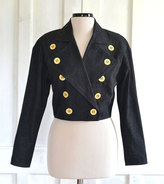 black denim jacket with gold buttons