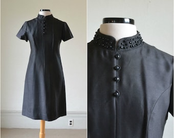 60s Vintage MOD Beaded Black Dress - 1960s Silk Party Cocktail Dress