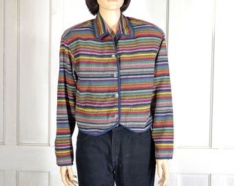 90s Vintage LL Bean Jacket - Cropped Jacket - Ethnic Southwest Stripe - Woven Cotton - Cropped Blazer Top