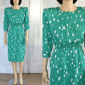 80s Vintage Peplum Dress - Silky Damask - Abstract Leaf Print - Strong Shoulders - Small to Extra Small