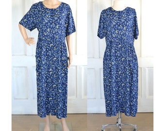 90s Vintage Floral Rayon Dress - Tie Back Dress- Ditsy Floral Market Dress - Button Front - Grunge Midi Maxi Dress with Pockets - XL