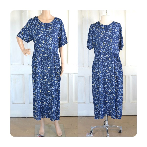 90s Vintage Floral Rayon Dress - Tie Back Dress- Ditsy Floral Market Dress - Button Front - Grunge Midi Maxi Dress with Pockets - XL