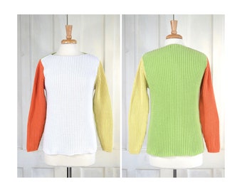 80s Vintage Color Block Sweater - Shaker Knit Cotton Pullover Sweater - Chunky Sweater