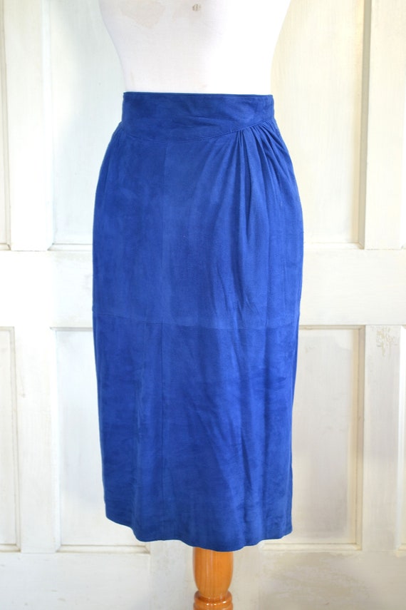 80s Vintage Suede Leather Skirt - Blue Soft Suede… - image 4
