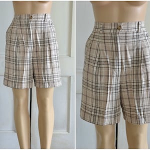 90s Vintage Silk Shorts - High Waist Shorts - Nubby Texture - Plaid Cuffed Long Shorts - 24 inch waist