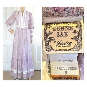 1970er Jahre Gunne Sax Maxi Kleid - Sheer Floral Cottagecore Dress - Jessica McClintock - Lace Ribbon Rüschen Perlen - Size 5