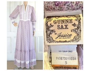 1970er Jahre Gunne Sax Maxi Kleid - Sheer Floral Cottagecore Kleid - Jessica McClintock - Spitzenband Rüschen Perlen - Größe 43