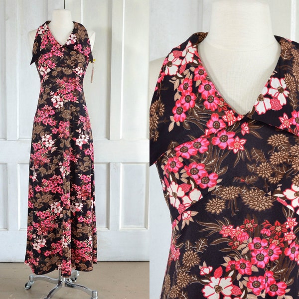 70s Floral Maxi Dress - Huge Pointed Collar - Empire Waist - Vintage 60s Retro Mod Maxi dress - Dead Stock with Tags
