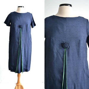 60s Vintage MOD Dress Shift Dress - Navy with Bright Lime Contrast Accents - Layered Silk Dress with Pockets - medium to large
