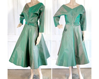 1950s Vintage Green and Copper Sharkskin Taffeta Dress Party Cocktail - 50s Fit and Flare New Look Dress