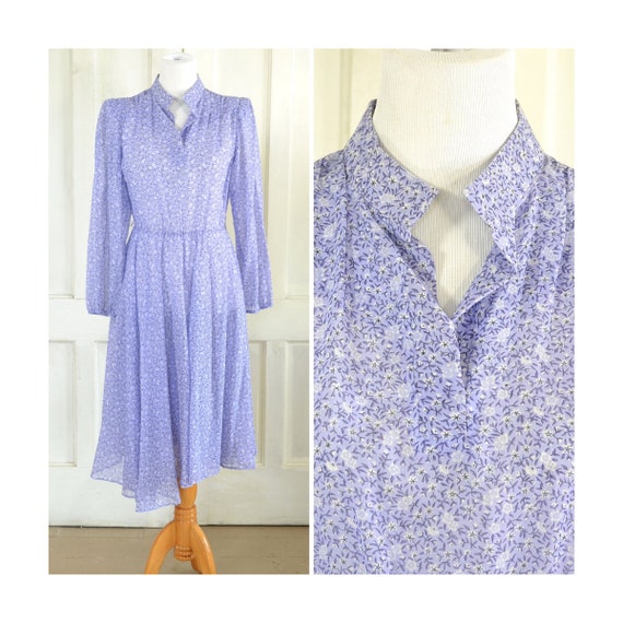 70s Vintage Dress - Sheer Lavender Floral Midi Dr… - image 1