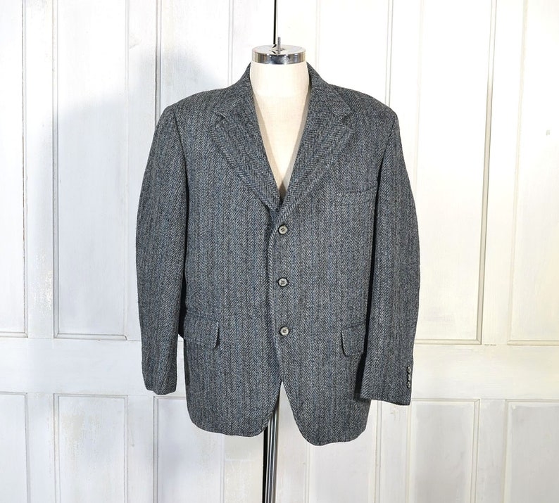 Vintage 70s Harris Tweed Blazer Herringbone Tweed Sport Coat Scottish Wool Jacket Academia Three Button Blazer image 1