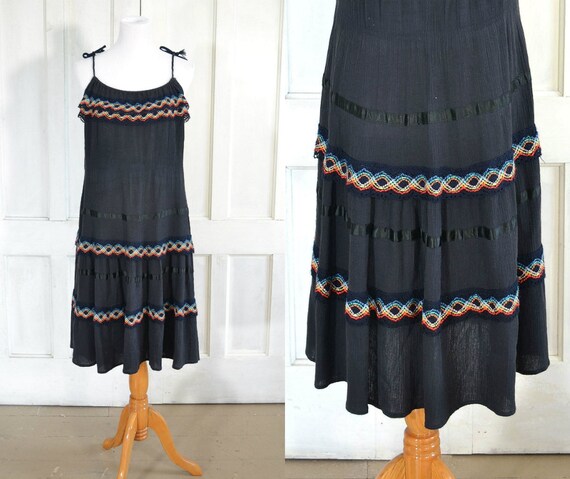 70s Vintage Black Gauze Dress - Crinkled Cotton Ga