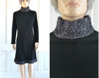 60s George Small NY Black Dress - Faux Curly Persian Lamb - LBD - Knit Sheath Dress