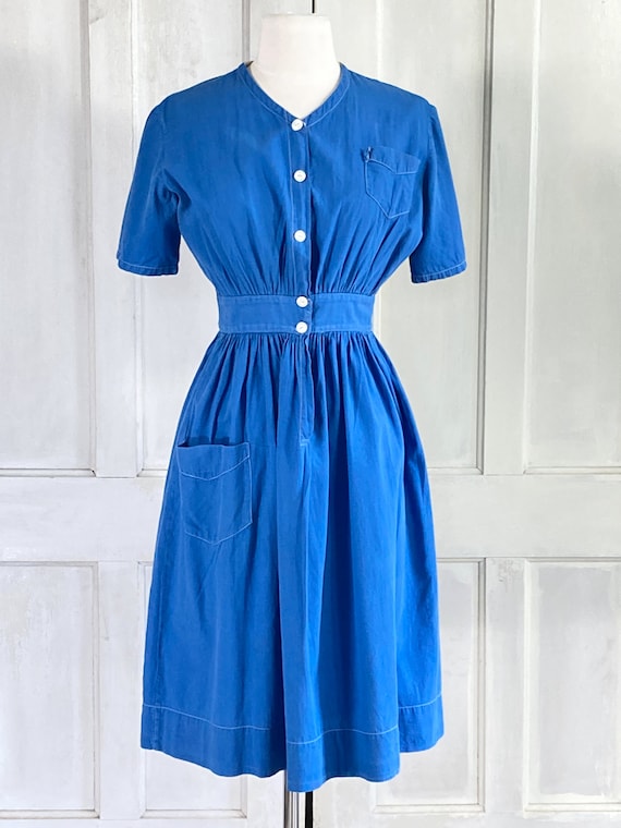 40s Vintage Cotton Work Dress - 1940s Workwear Ho… - image 2