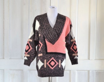 80s Sweater - Oversized Long Pullover Sweater - Acrylic Wool Angora Metallic Abstract Color Block