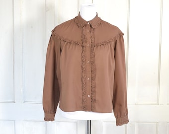 70s Vintage Prairie Blouse - Ruffled Blouse - Puff Sleeve Brown Blouse - Cottagecore